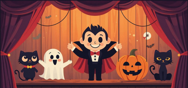 Cartoon graphic featuring various Halloween characters