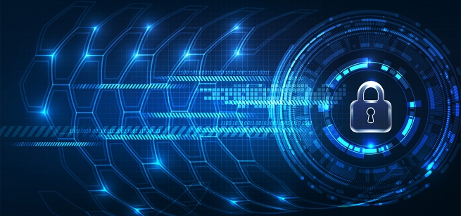 A virtual lock with a blue circle around it and binary numbers floating around