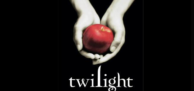 Twilight book cover of two pale white hands holding a red apple against a black background