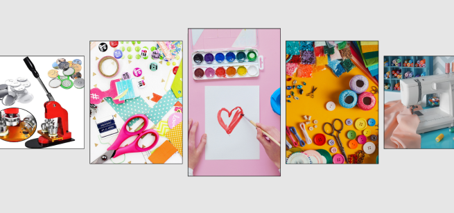 A variety of craft activities including button makers, collage supplies, and sewing machines