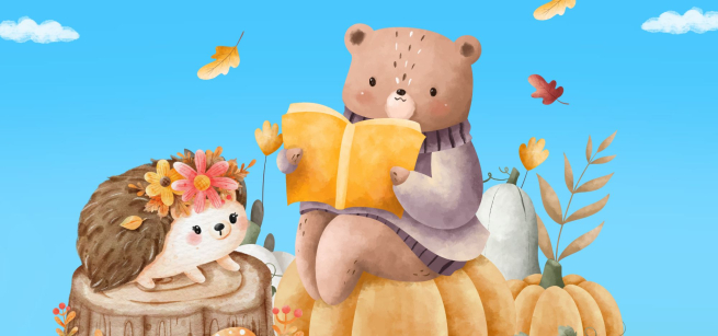 A bear sitting on a pumpkin reading to a hedgehog in nature.