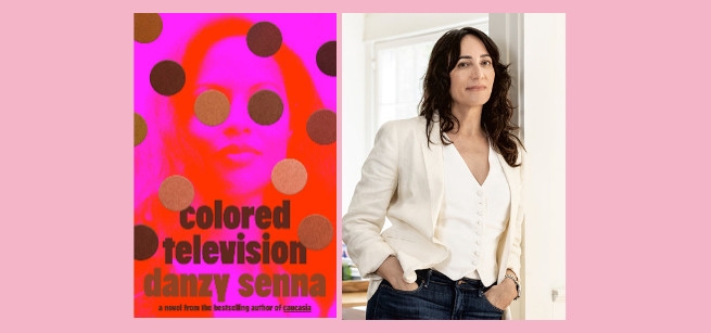 To the left is the cover of the book Colored Television, featuring the silhouette of a woman's face in red on a magenta background. To the right is a photo of Danzy Senna wearing a white top and blazer.