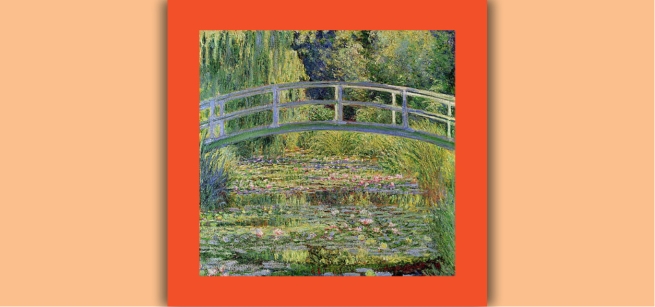 This is a painting by Claude Monet. It is a pond with waterlilies with a wooden bridge that arches over the pond. Green trees are in the background.