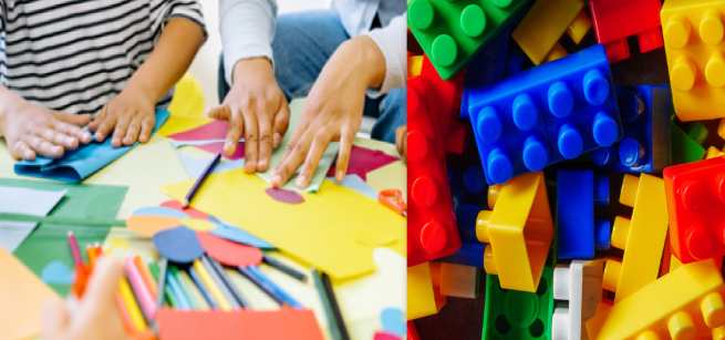 a photo of hands creating art from colorful paper and pencils strewn across a table, next to a photo of colorful plastic bricks