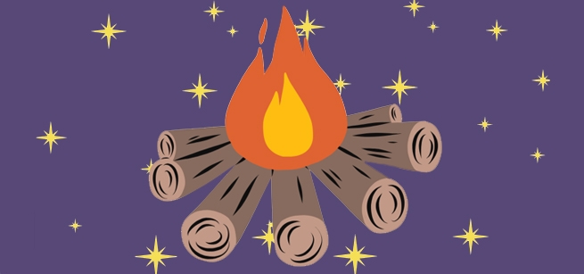 yellow stars twinkle against a dark blue background with a roaring campfire in the center.