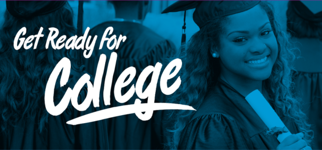 Get ready for college text with students on a blue background