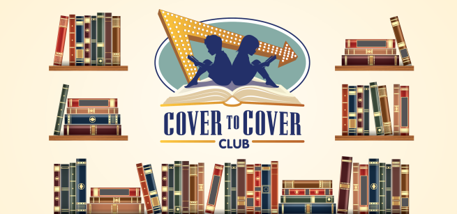 In-N-Out Cover to Cover logo of two children back to back reading in a dark blue color with six shelves of books  in multiple colors surrounding the logo