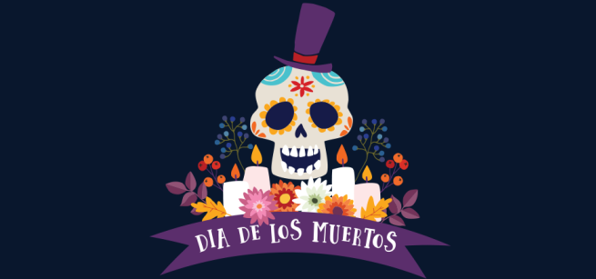 Traditional Mexican Day of the dead altar with sugar skulls and candles