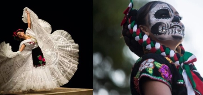 two women dressed in traditional Mexican baile folklorico for dia de muertos theme.