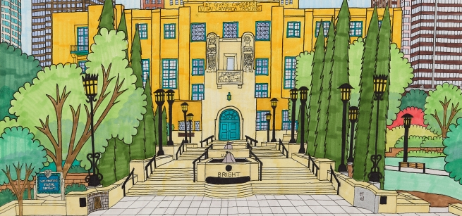 original drawing of Central Library by Tierra del Sol Artist Joe Zaldivar
