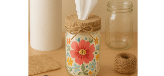 Mason Jar Tissue Holder with an orange flower design