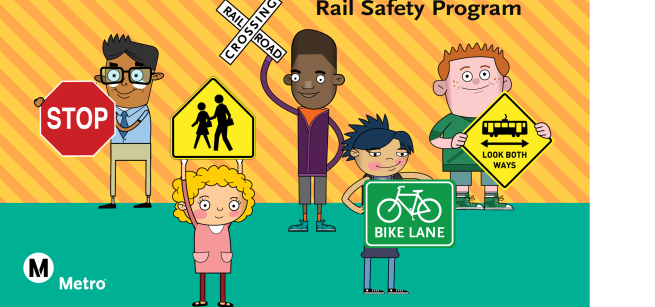 Various graphic characters hold up railway signs against a yellow striped background.