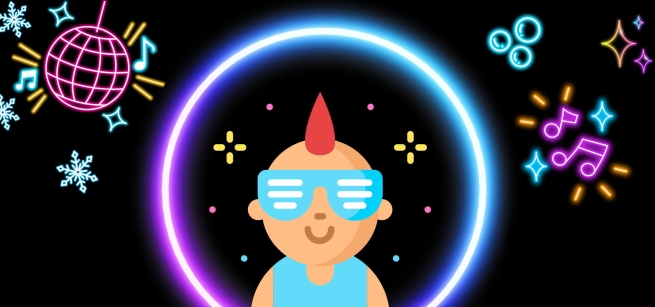 A baby in sunglasses surrounded by a neon disco ball, musical notes, snowflakes, and bubbles. 