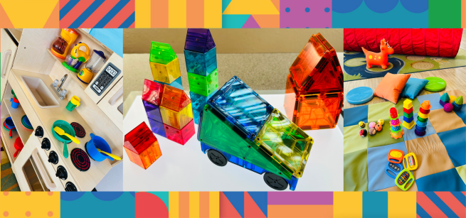 Play kitchen, Car shaped magnatiles on a light board, and assorted baby toys on a cushioned mat