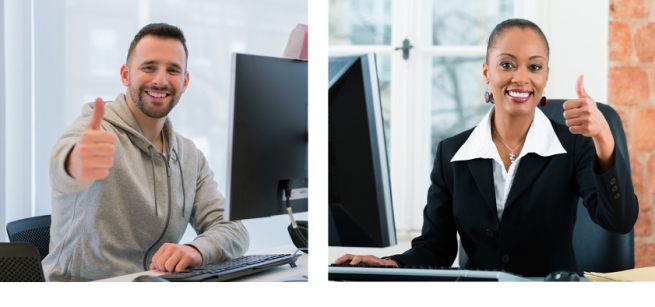 a smiling man sitting at his desk and computer and a smiling woman sitting at her desk and computer