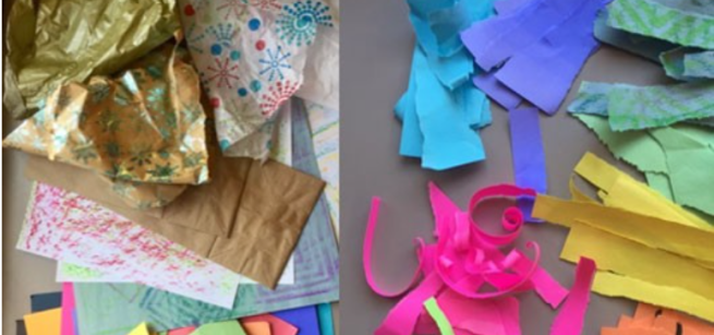 Paper artfully designed is presented in many forms, including torn and shredded.