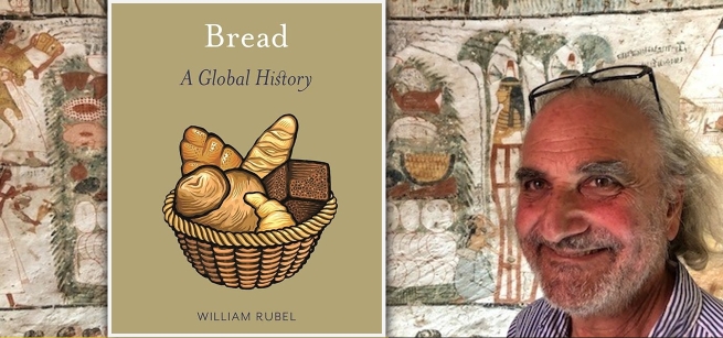 William Rubel in front of an ancient Egyptian artwork depicting a feast