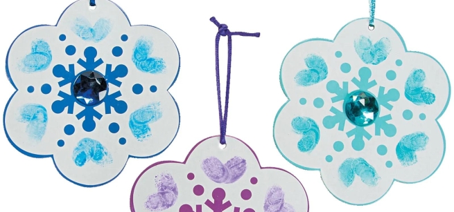 Colorful thumbprint snowflake ornaments.