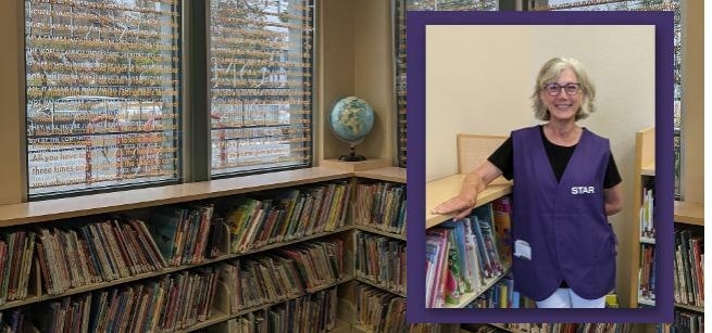 Photo of the picture book shelves at the Palms-Rancho Park Branch with an inset portrait photo of Linda