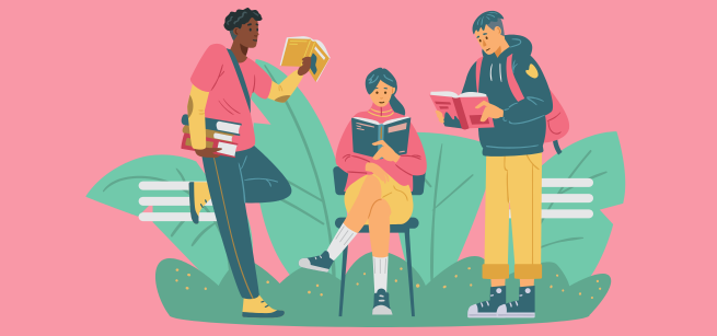 An illustration of three teens reading a book.