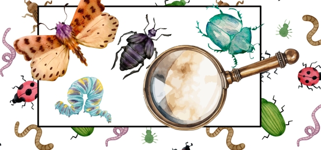 A background of bugs spread across the image with a magnifying glass at the center. 