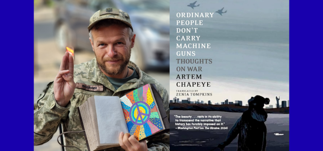 Author Artem Chapeye in military uniform alongside the cover of his new book