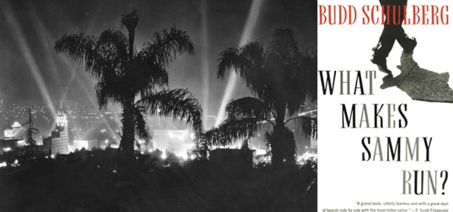 Kleig lights in Hollywood alongside an image of the bookcover