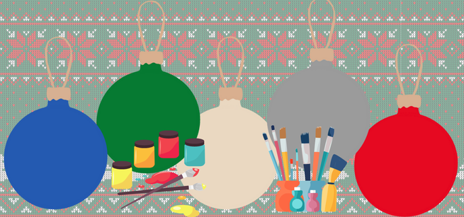 Five ornaments and paint supplies on a green and red christmas sweater background