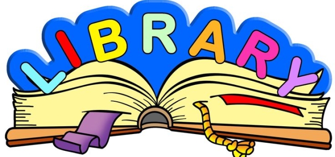 open book graphic with text that reads library