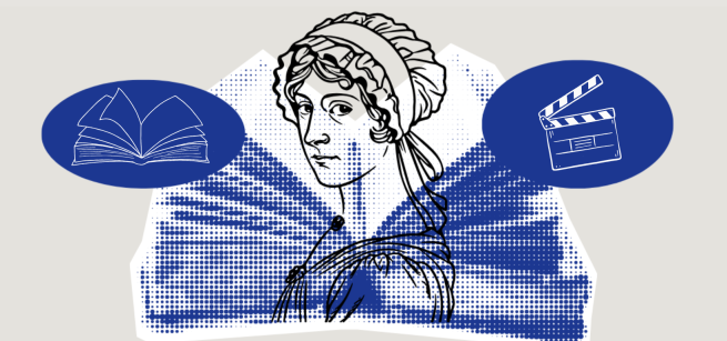 An illustration of Jane Austen looking at the viewer and symbols for books and movies next to her.