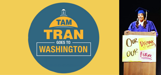 A student speaking at a podium