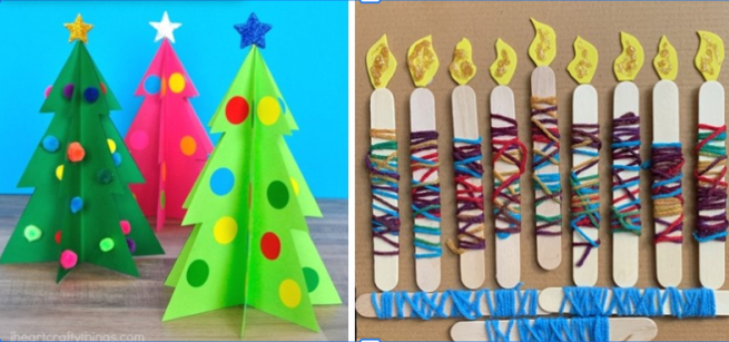 3 paper Christmas trees, yarn covered popsicle stick menorah