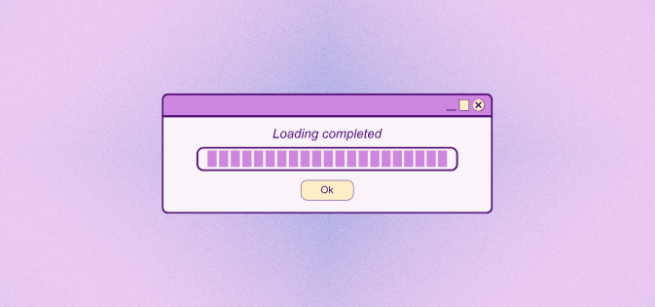 Lilac loading image with words Loading Complete