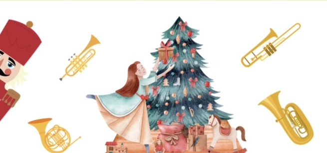 a nutcracker, clara dancing with to a Christmas tree with a trumpet, a tuby, a french horn and a trombone floating around them.