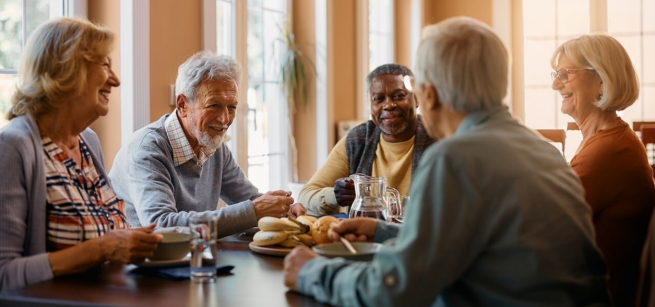 A group of seniors are having a meeting over coffee and snacks