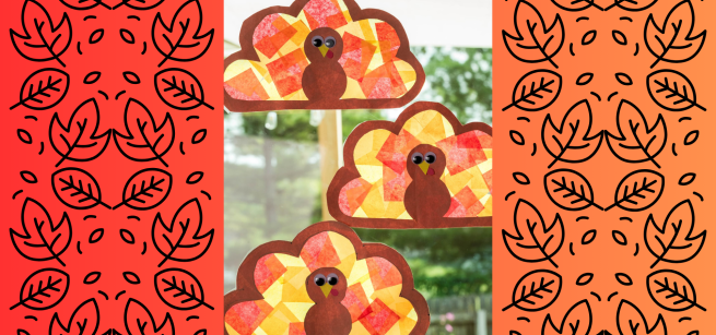 Images of three suncatchers shaped in a turkey with orange, yellow and red with black images of leaves on the background