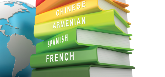 Stack of books with language names (Chinese, Armenian, Spanish, and French) on their spines