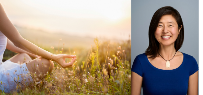 Photo of moderator & of a person meditating 