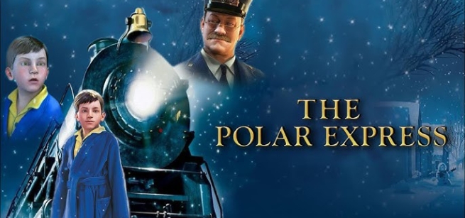 The Polar Express film poster with a boy in a blue robe, a black train and a train conductor