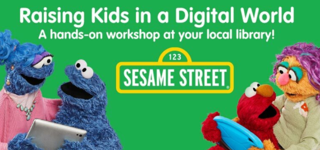 Cookie monster and Elmo with their mothers holding tablets