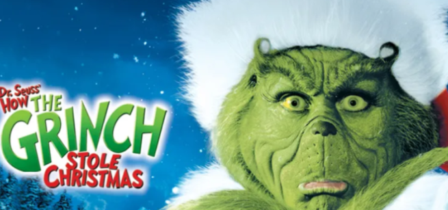 How the Grinch Stole Christmas film poster with the Grinch's face wearing a Santa's cap