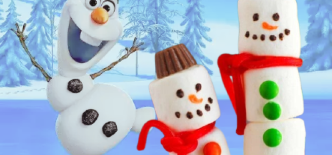 Two marshmallow snowmen on a frozen pond with Olaf. 