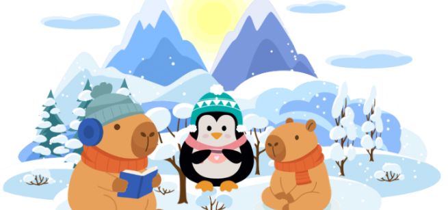 A capybara reading a book to a penguin and smaller capybara outdoors in the snow. 