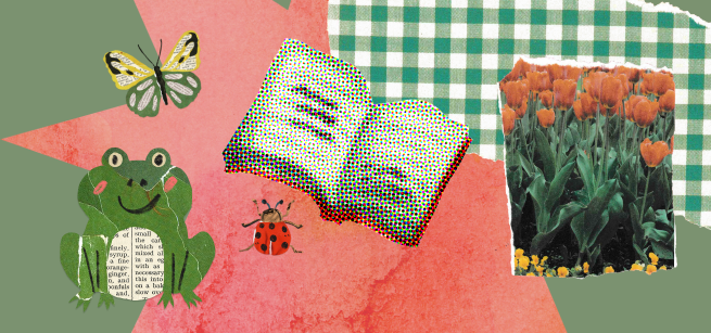 collage with a frog and books