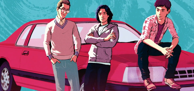 Three teen boys on a car.