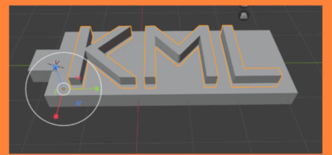 Graphic of the 3d model of keychain with the text KML on it, in Blender