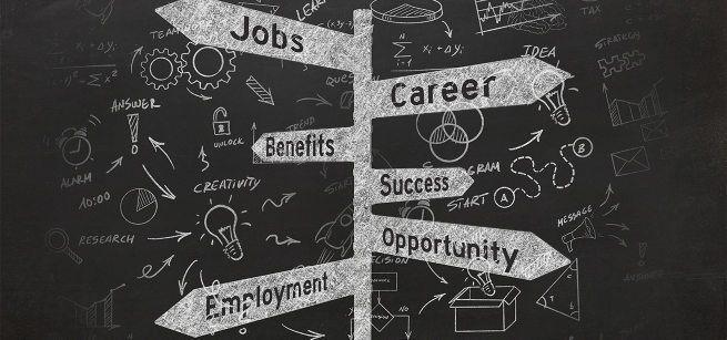 Signs with the words 'jobs, career, benefits, success, opportunity, and development" pointing different ways.