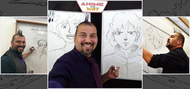 There are three photos, on the left, center, and right, with a smiling man with a black mustache and mohawk and black t-shirt drawing anime faces and features with a black marker on a dry erase board.