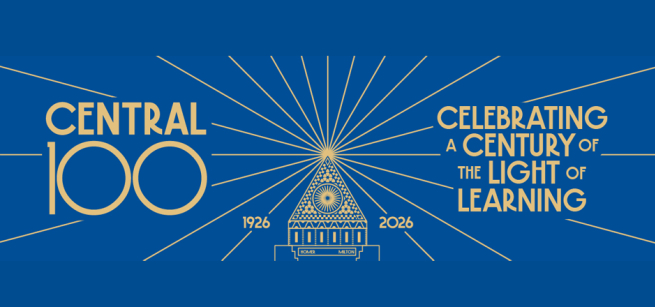 Central 100 logo shaped like Central Library and tagline that reads Celebrating a Century of the Light of Learning