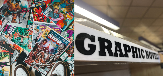 A picture of single comic issues and shelf signage